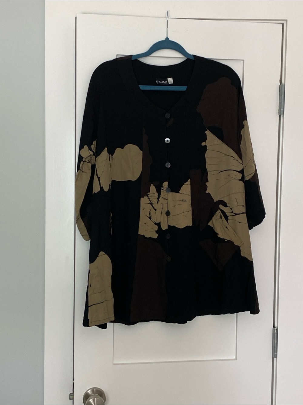 Black Button Front Jacket with Olive Abstract Print